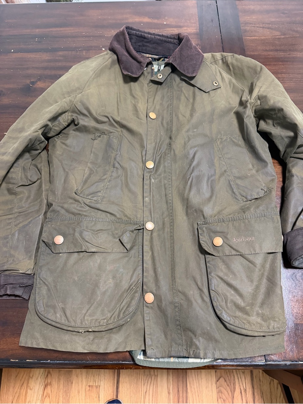 Barbour Ashby Waxed Jacket Mens M Olive Green Corduroy Collar Made in England